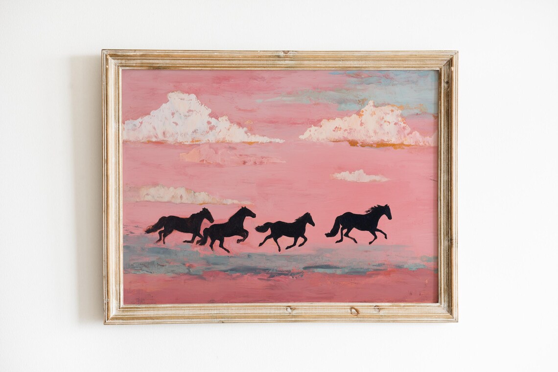 Wild Horses Pink Sunset Art Print, Western Decor