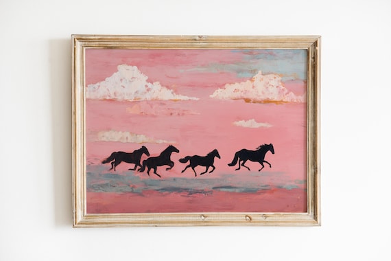Wild Horses Pink Sunset Art Print, Western Decor