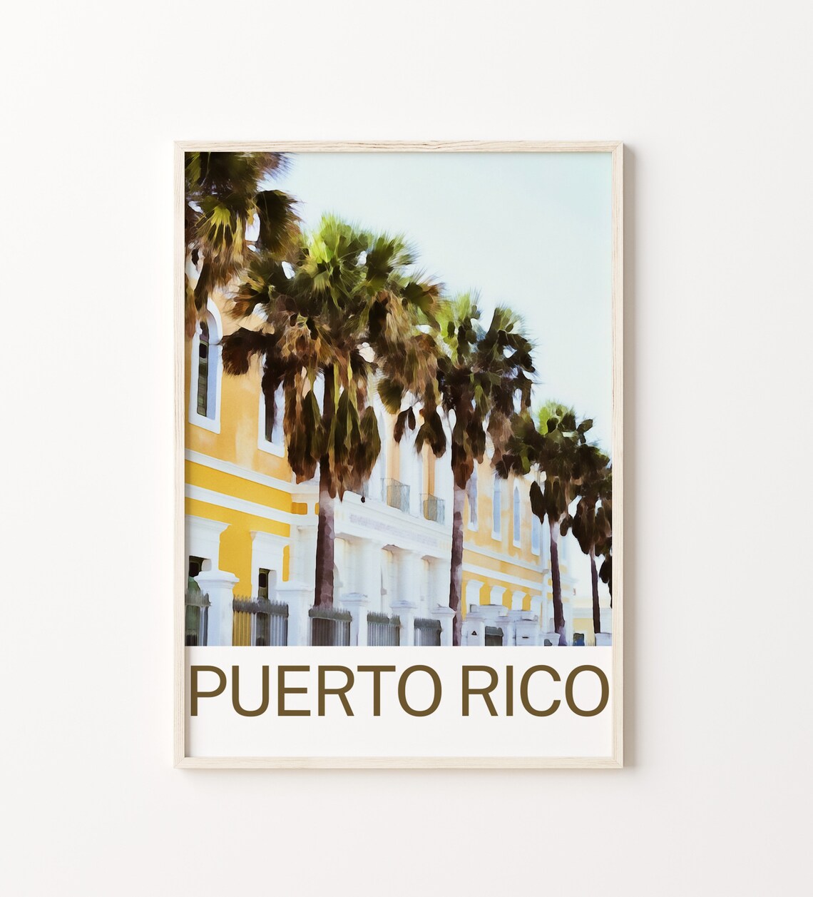 Puerto Rico Palm Lined Yellow Colonial Building Facade Travel Poster