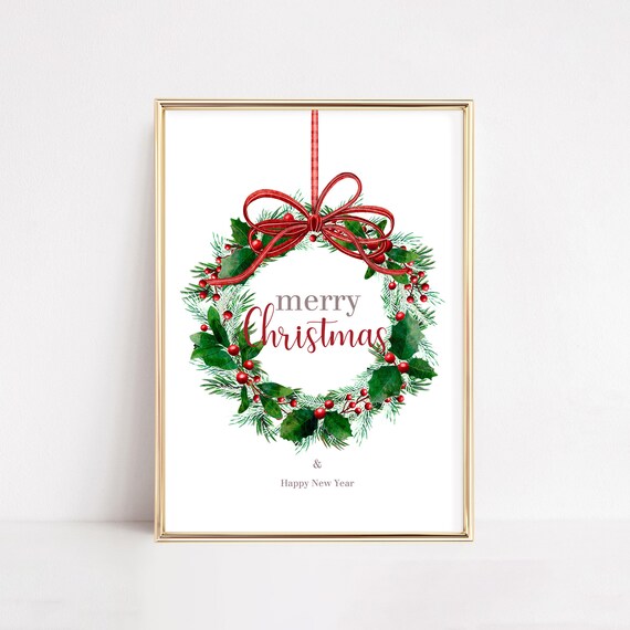 Christmas Wreath Print, Merry Christmas Holiday Decor