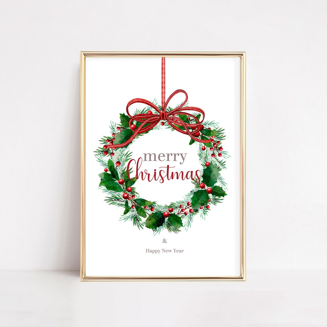 Christmas Wreath Print, Merry Christmas Holiday Decor