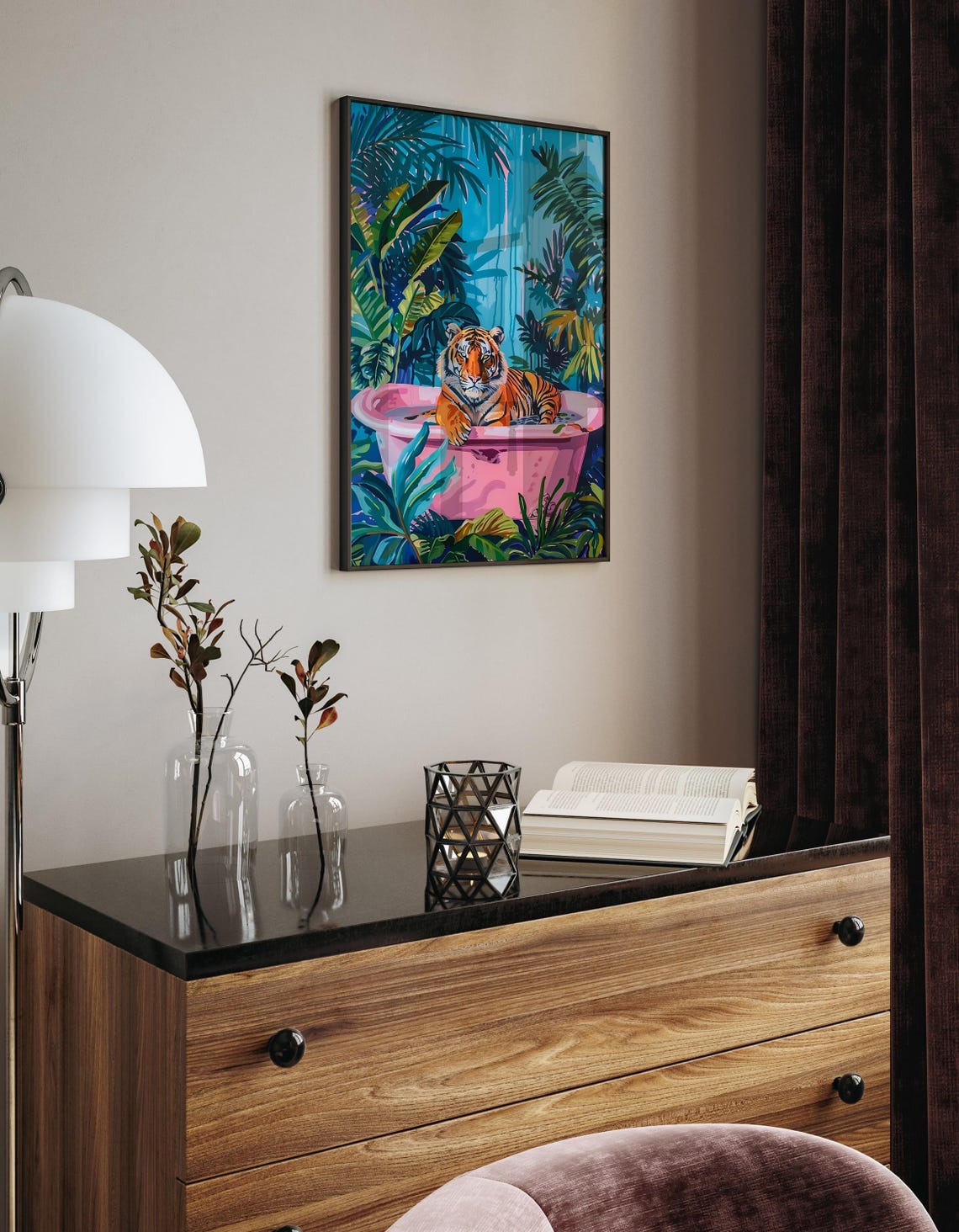 Tiger in Pink Bathtub Tropical Jungle Botanical Maximalist Wall Art - Image 2
