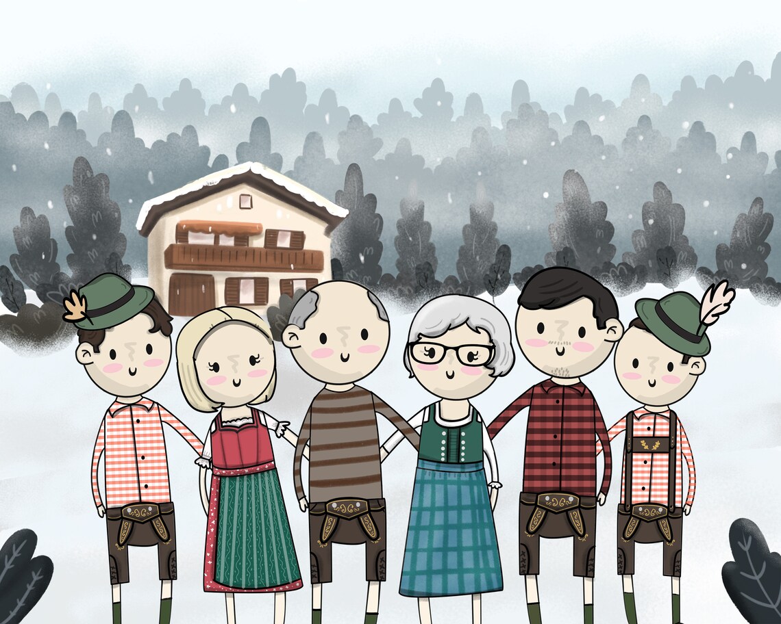 Custom Cartoon Family of Six Portrait in Winter Chalet Scene Poster