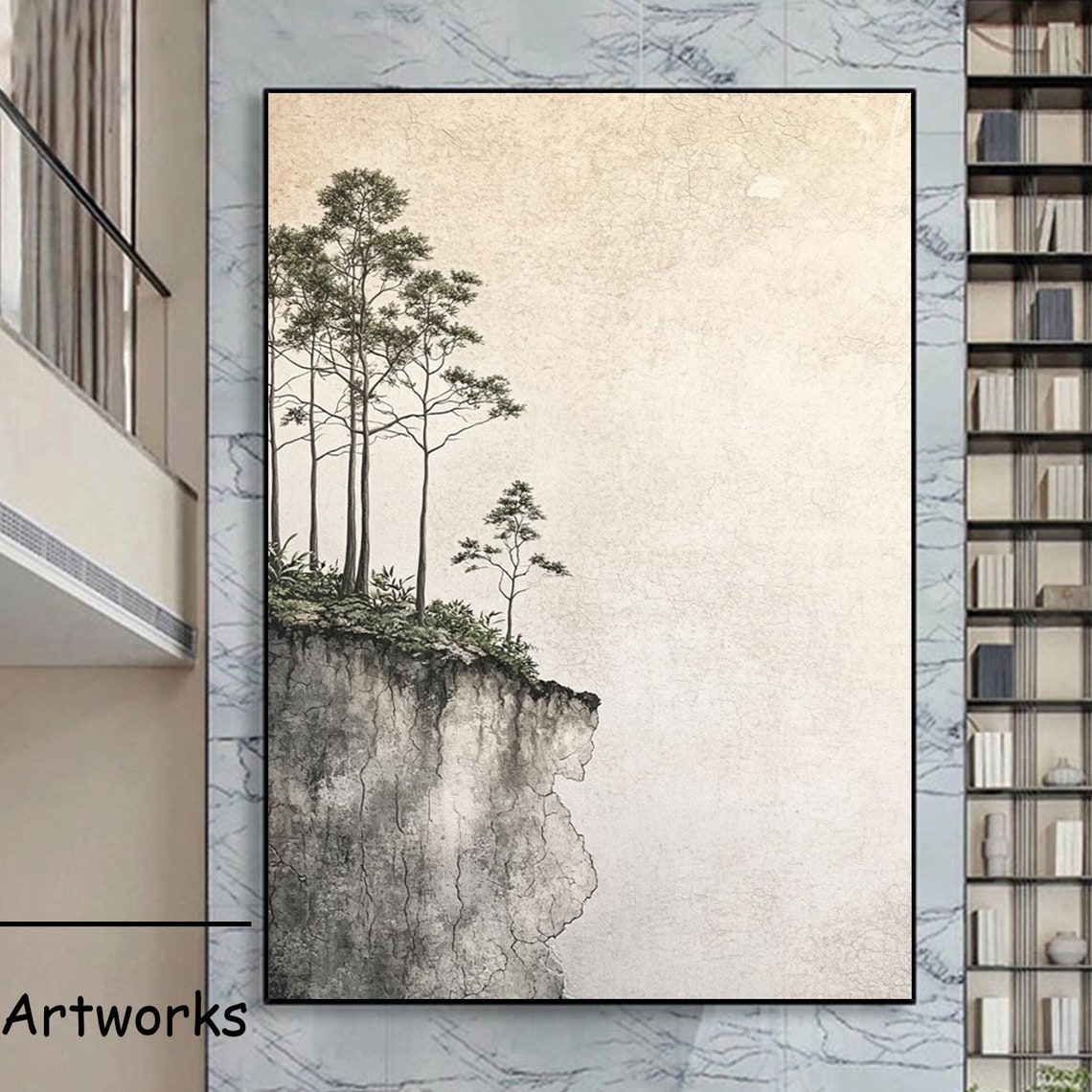 Tall Pine Trees Standing on a Rocky Cliff Edge in Neutral Tones Poster