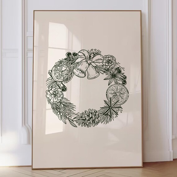 Trendy Christmas Print Winter Poster Minimalist Green Typography Simple Cute Xmas Decor Christmas Wreath