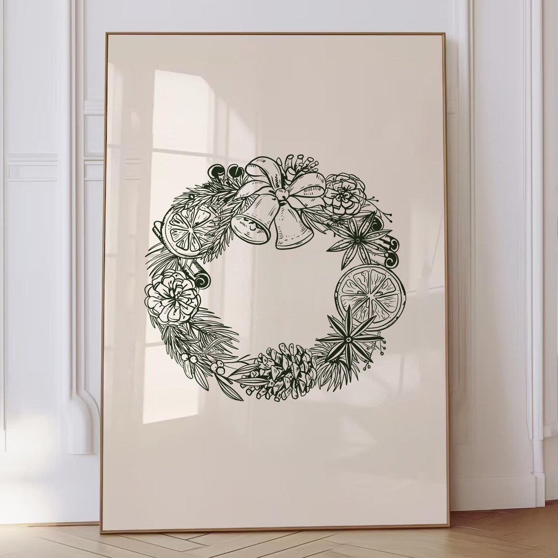 Green Ink Christmas Wreath Detailed Botanical Line Art Poster