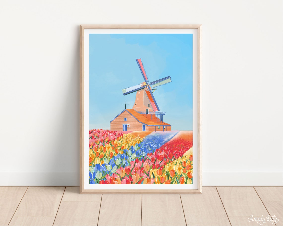 Amsterdam Windmill Tulip Fields Colorful Netherlands Art Poster - Image 2