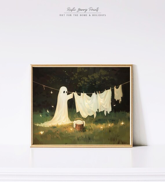 Ghost Hanging Laundry At Night In Starry Garden Halloween Wall Art