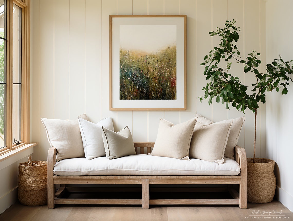 Dark Meadow Wildflowers Fading Into Golden Mist Moody Landscape Print - Image 2