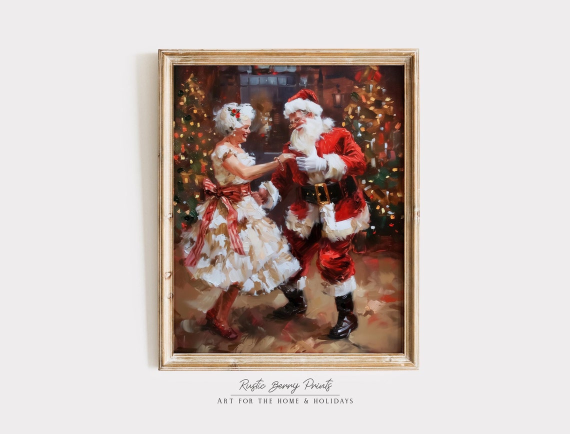 Santa Mrs Claus Dancing Festive White Dress Red Bow Holiday Poster