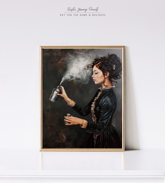 Victorian Lady In Black Dress Spraying Mist Funny Bathroom Art Poster