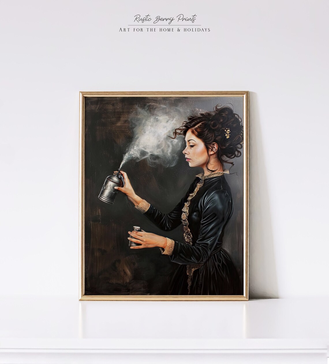 Victorian Lady In Black Dress Spraying Mist Funny Bathroom Art Poster