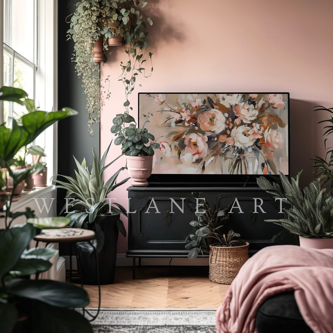 Neutral Floral Still Life Painting Blush Peonies Glass Vase Art Print - Image 4