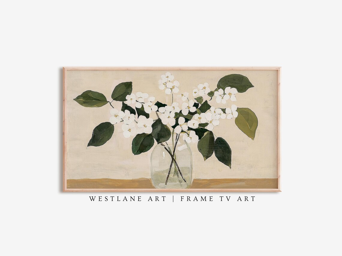 Minimalist White Blossoms Glass Jar Painting Beige Botanical Art Print