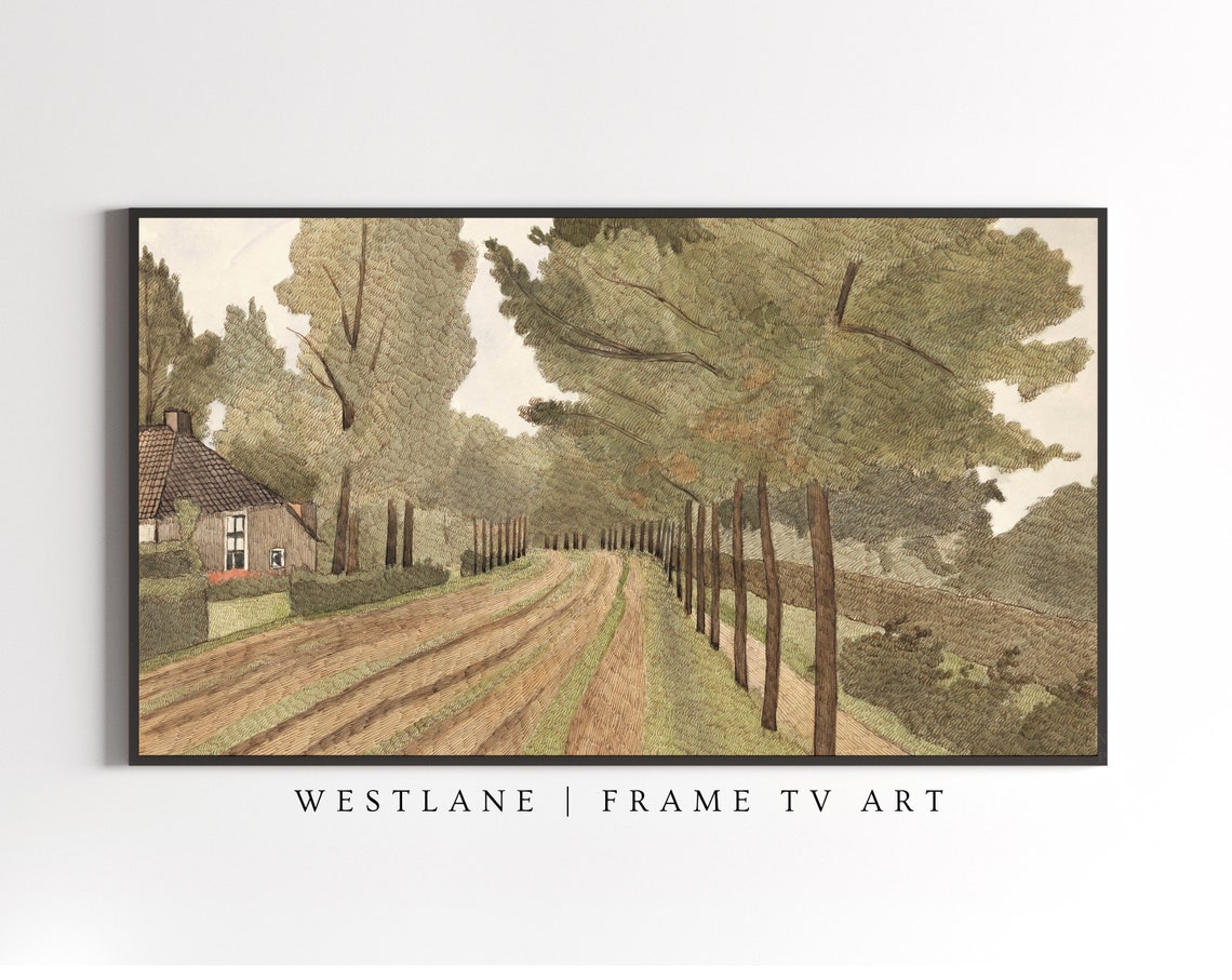 Country Road Tree Lined Path Vintage Cottage Painting Wall Art - Image 3