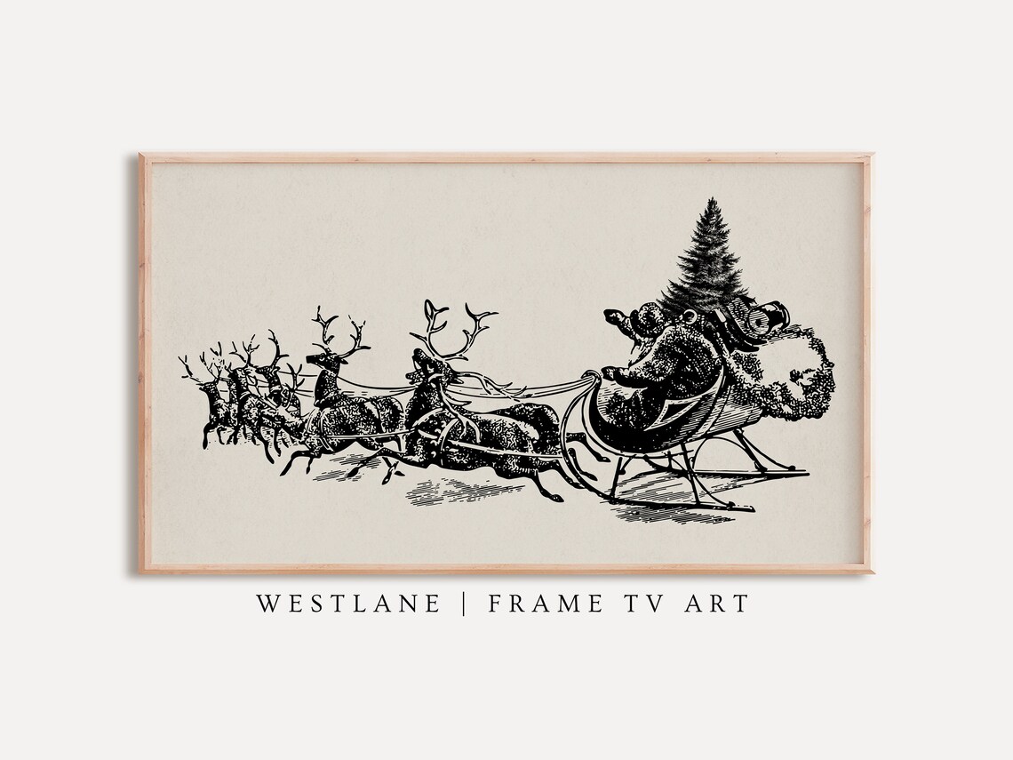 Vintage Santa Sleigh Reindeer Sketch Antique Christmas Poster