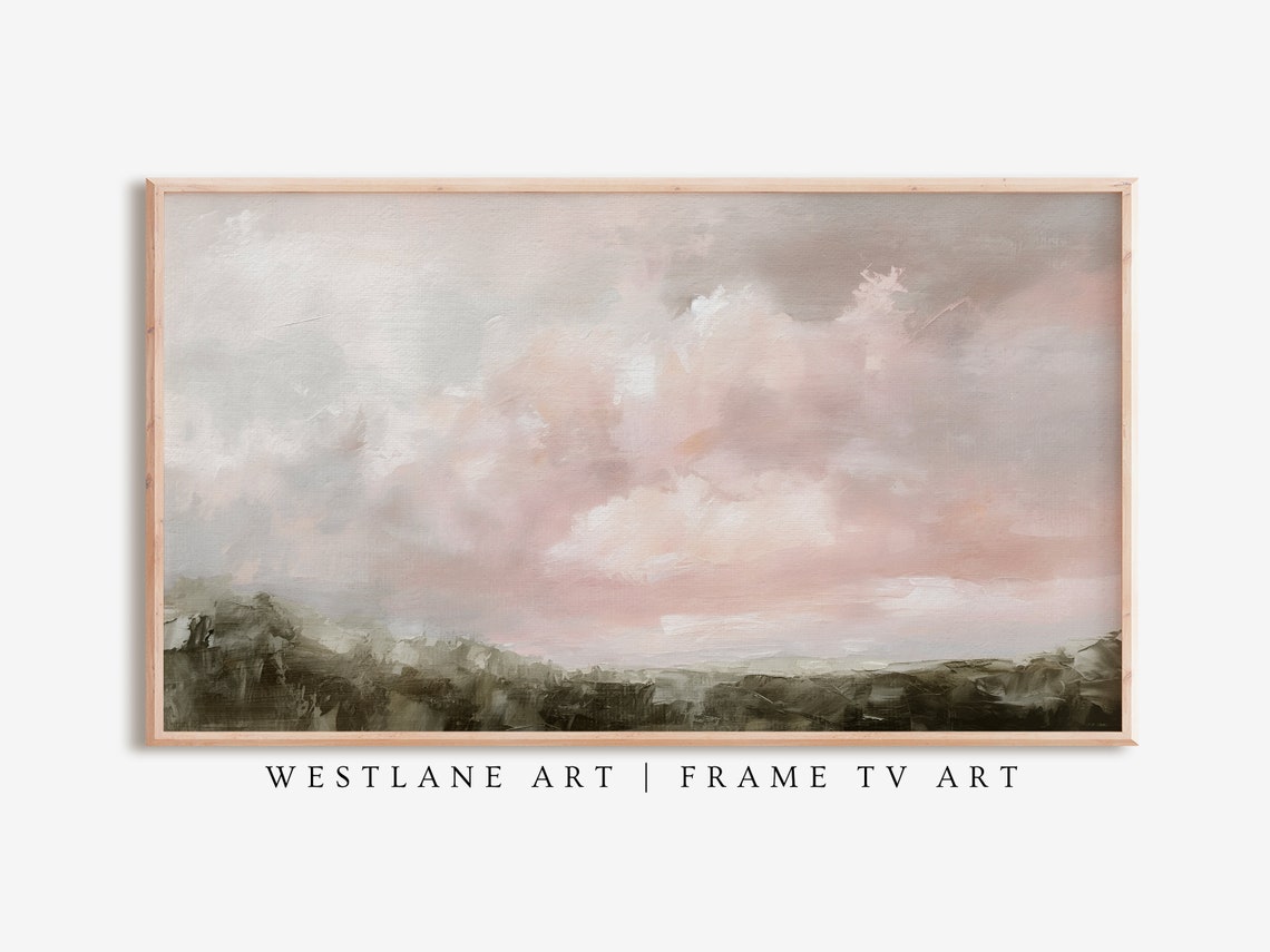 Pink Blush Clouds Pastel Sky Country Landscape Painting Wall Art