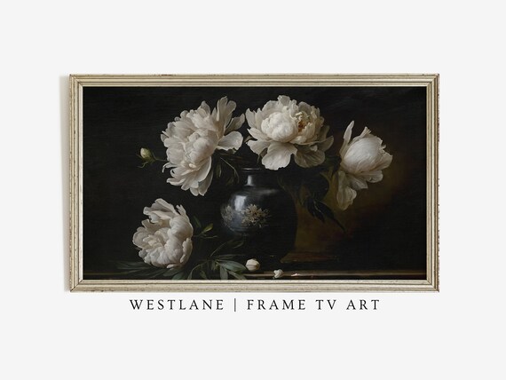 Dark Moody Still Life Painting Black And White Botanical Frame Tv Art Vintage Decor Tv Art Tv331