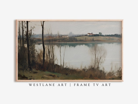 Rustic Lake House Painting Frame Tv Art Lake Landscape Warm Neutral Tones Tv414