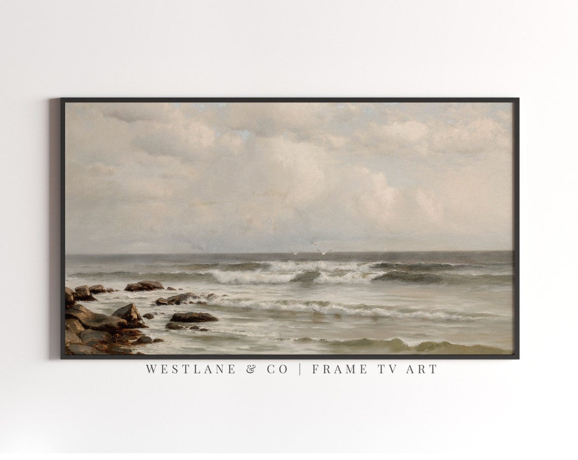Vintage Seascape Ocean Waves Rocky Shore Moody Coastal Wall Art