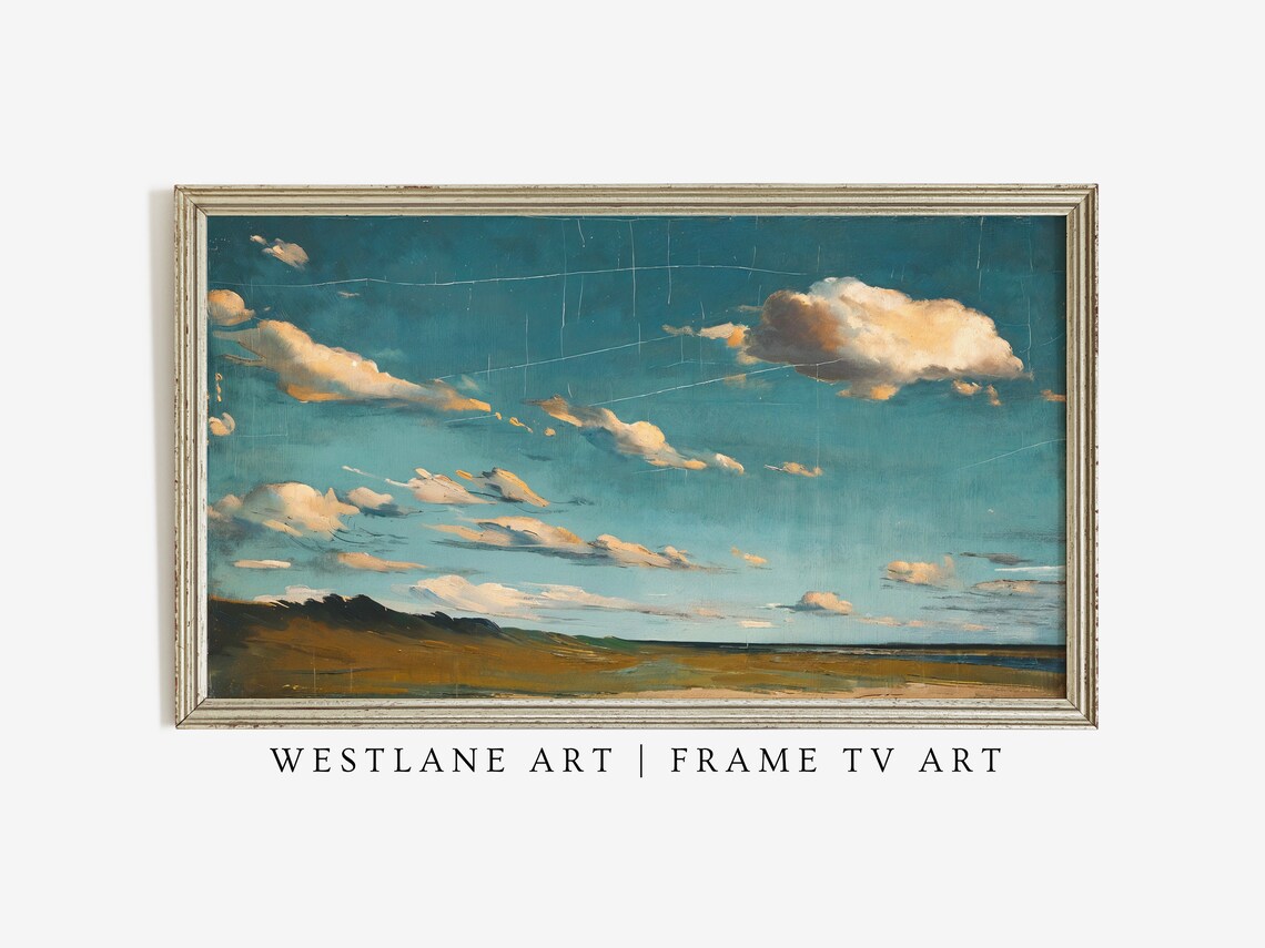 Vintage Blue Sky Cloud Oil Painting Golden Field Horizon Art Print - Image 4