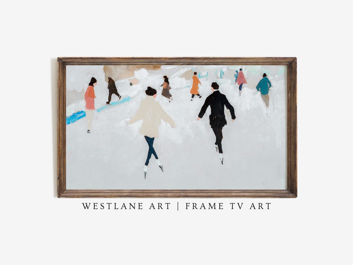 Ice Skaters On Frozen Pond Impressionist Winter Painting Poster - Image 2