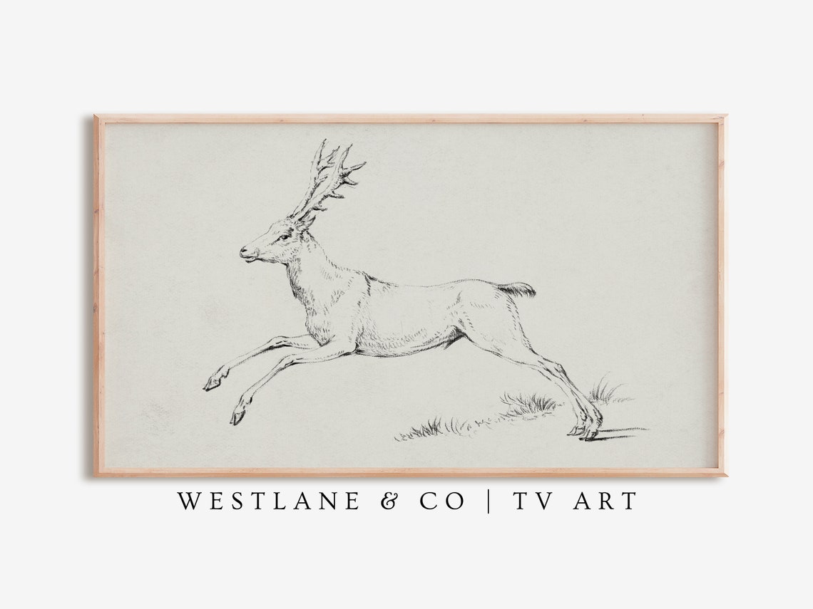 Antique Reindeer Sketch Leaping Stag Vintage Winter Drawing Poster - Image 2