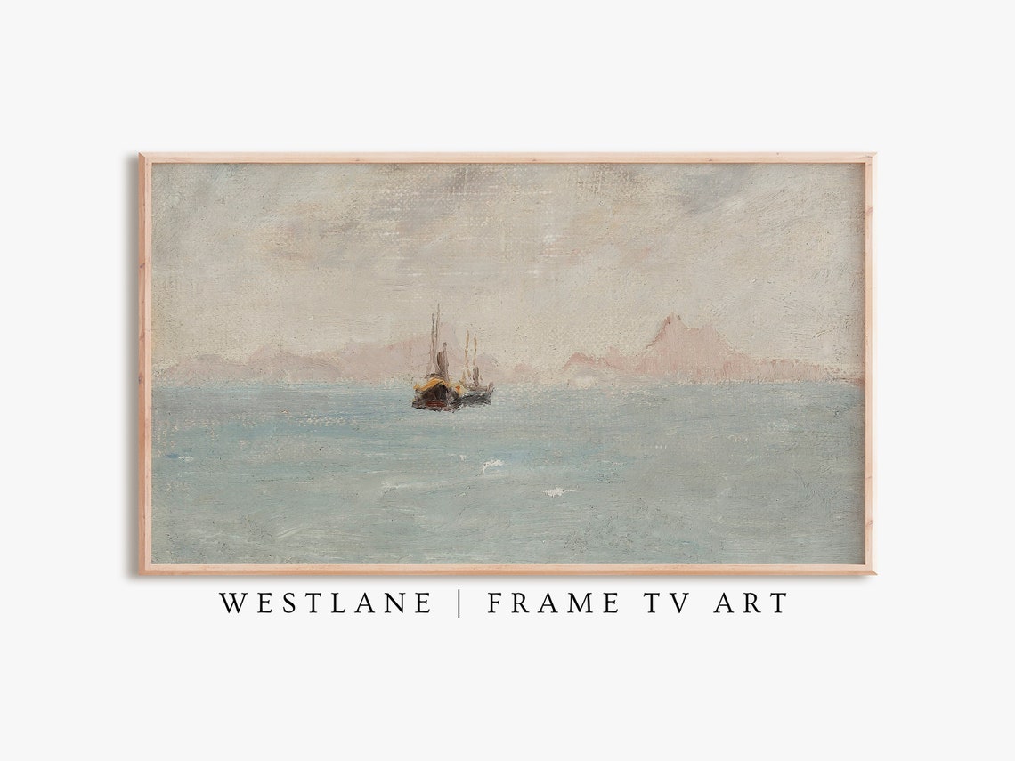 Rustic Vintage Seascape Sailboat Misty Ocean Painting Wall Art