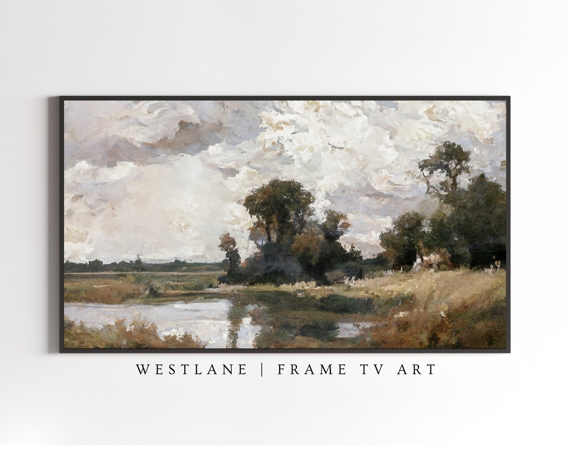 Vintage Rustic Pond Landscape Trees Dramatic Clouds Country Poster - Image 3