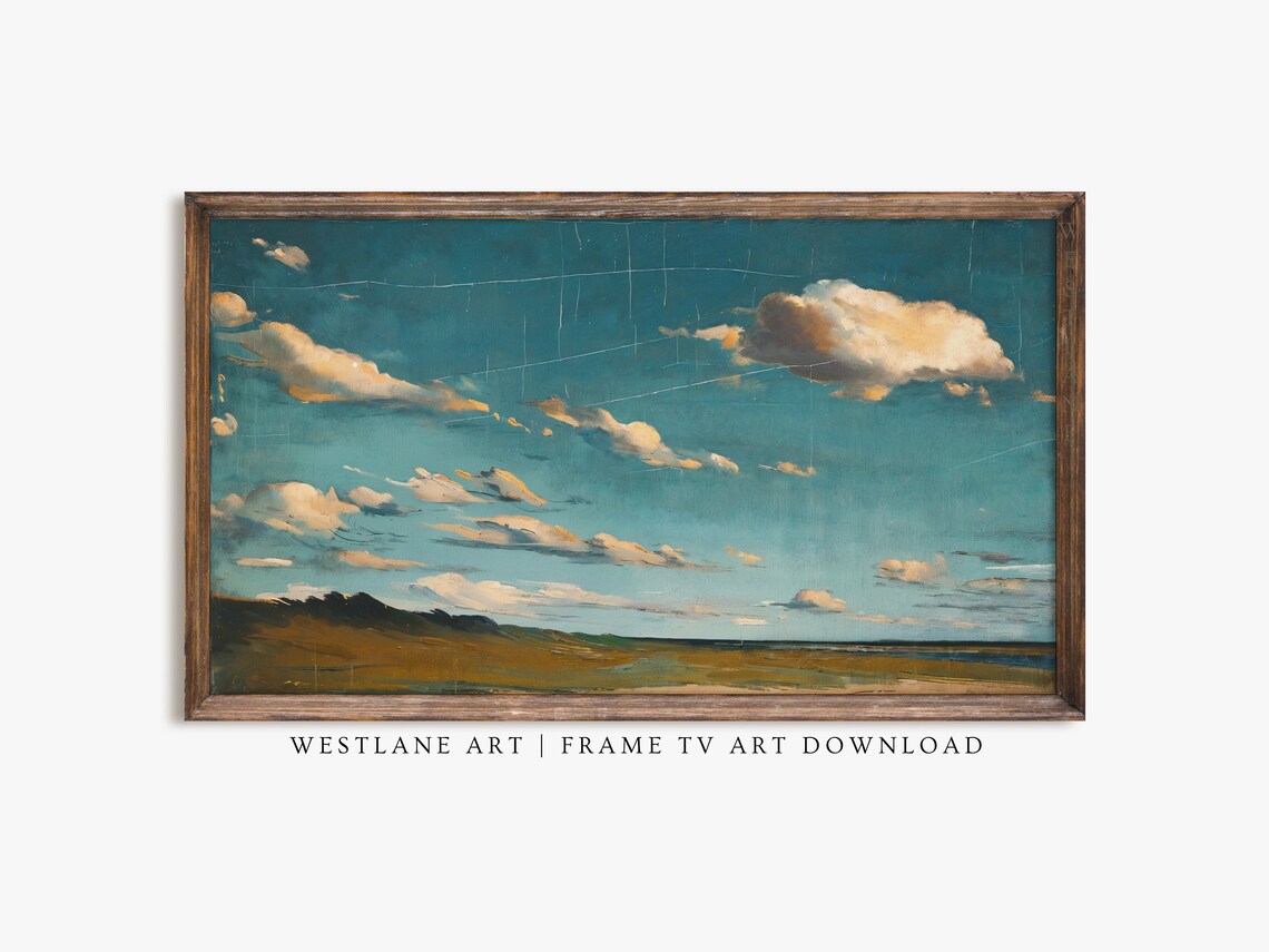 Vintage Blue Sky Cloud Oil Painting Golden Field Horizon Art Print - Image 3
