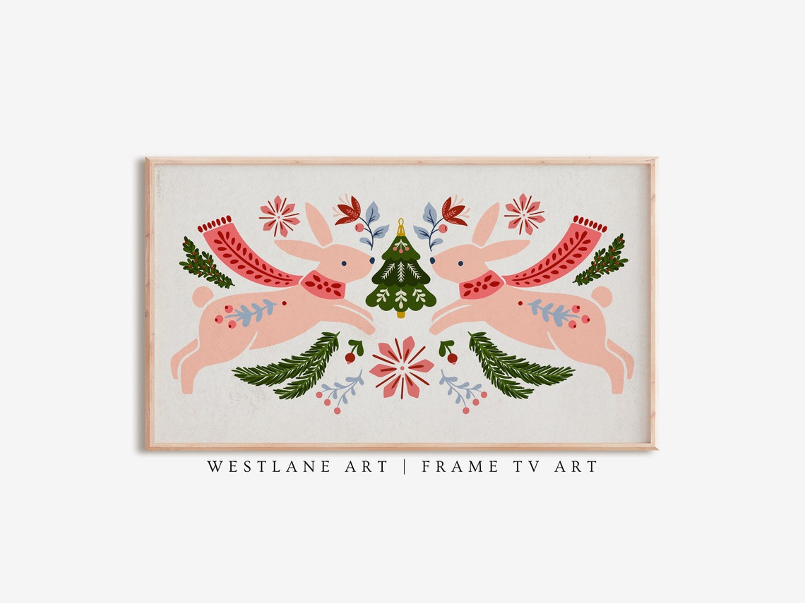 Scandinavian Folk Art Bunnies Christmas Tree Kids Holiday Poster