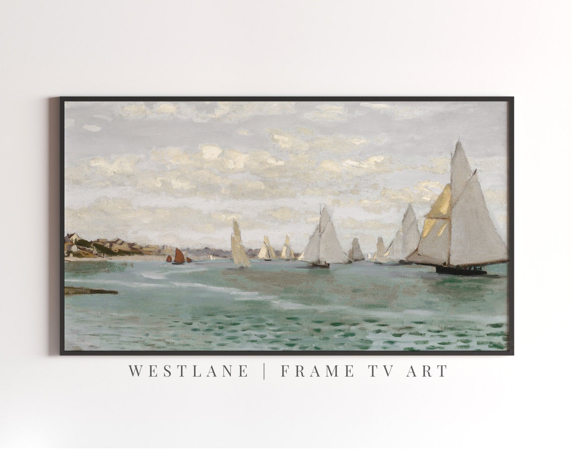 Vintage Lake Painting Sailboat Regatta Impressionist Harbor Art Poster - Image 3