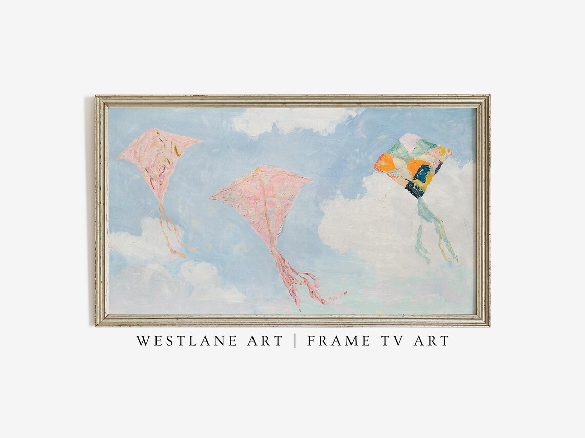 Colorful Kites Flying Blue Sky Summer Clouds Whimsical Scene Poster - Image 3