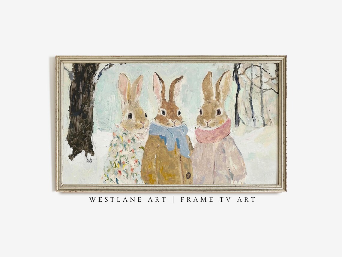 Winter Rabbits In Coats Snowy Woodland Three Bunnies Art Print - Image 3