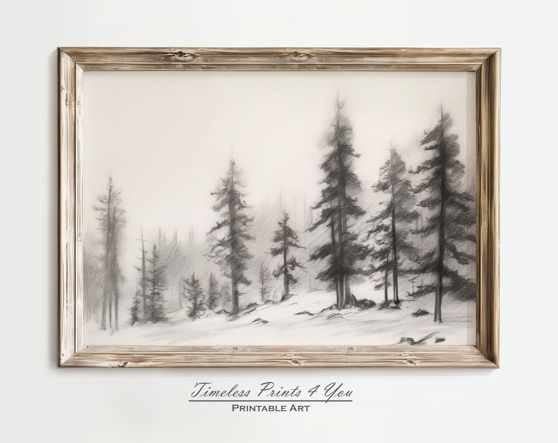 Misty Winter Forest Charcoal Pencil Sketch Tall Pine Trees Wall Art