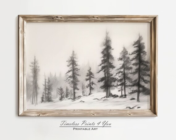 Misty Winter Forest Charcoal Pencil Sketch Tall Pine Trees Wall Art
