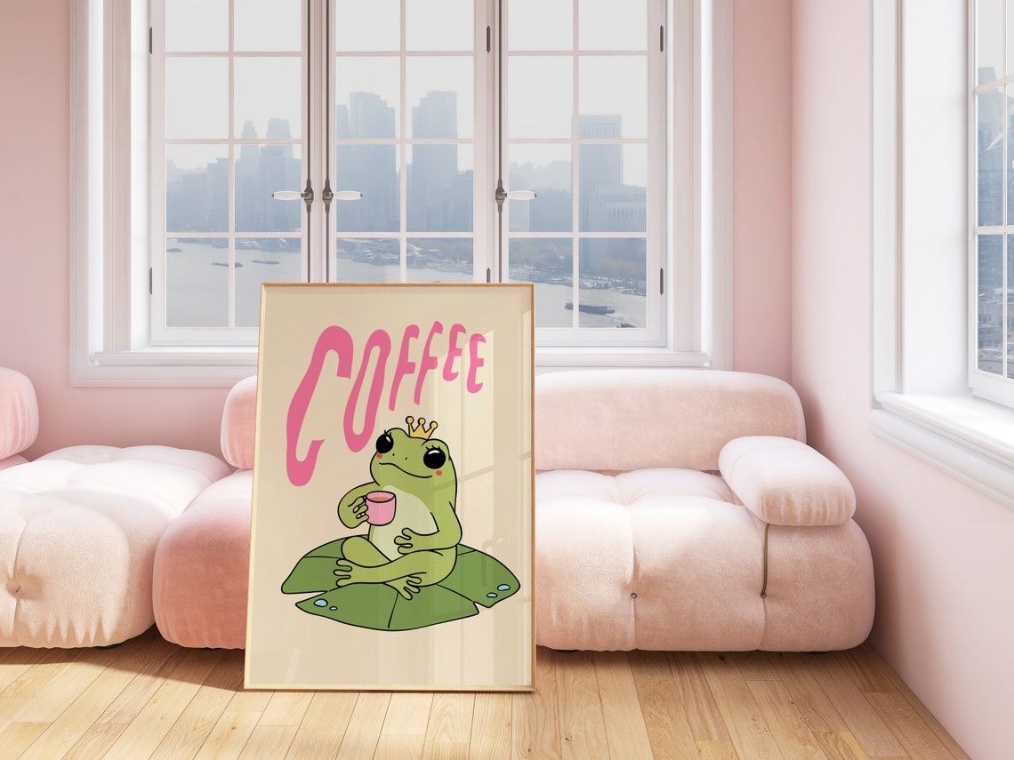 Coffee Cute Frog Prince Crown Lily Pad Pink Kawaii Animal Poster - Image 3