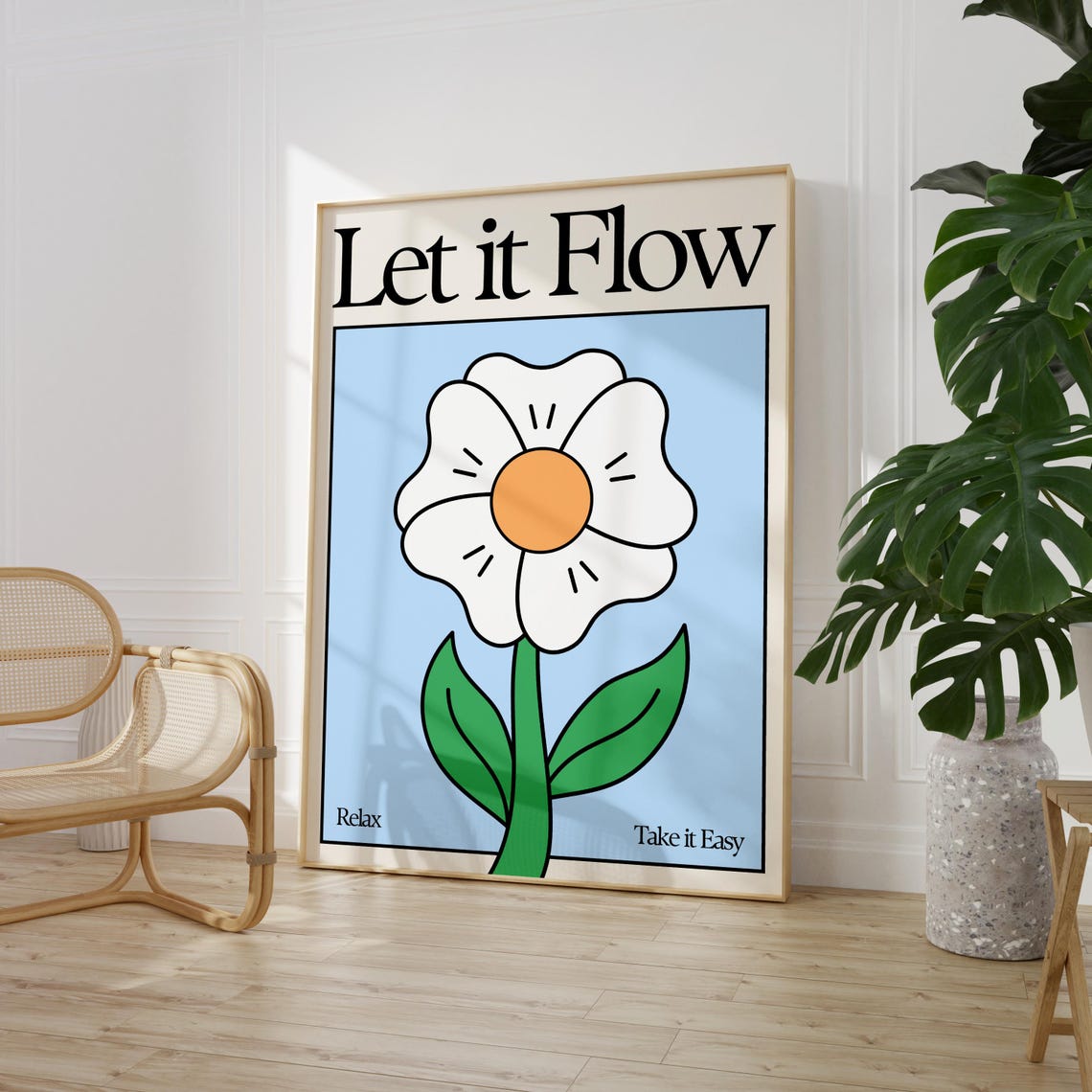 Let It Flow Daisy Flower Blue Retro Relax Take It Easy Art Poster - Image 3