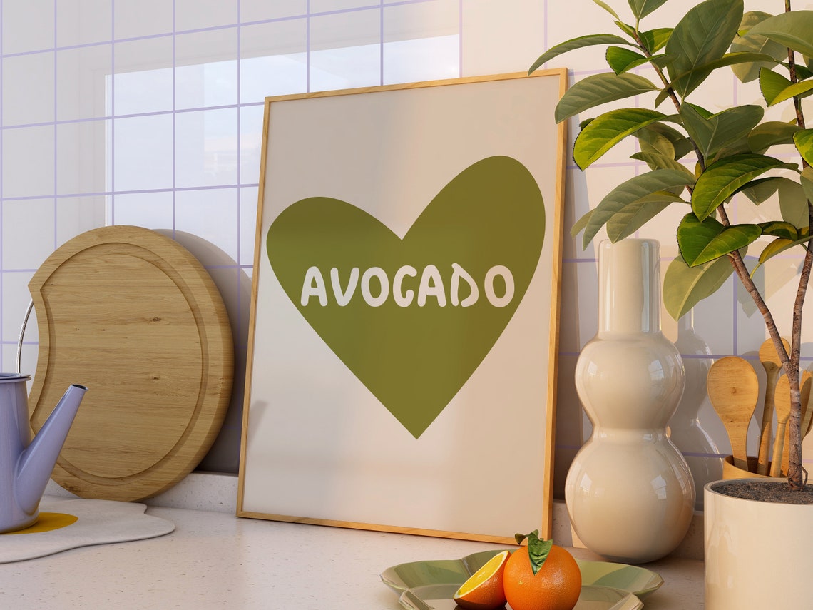 Avocado Green Heart Minimalist Retro Kitchen Food Wall Poster - Image 2