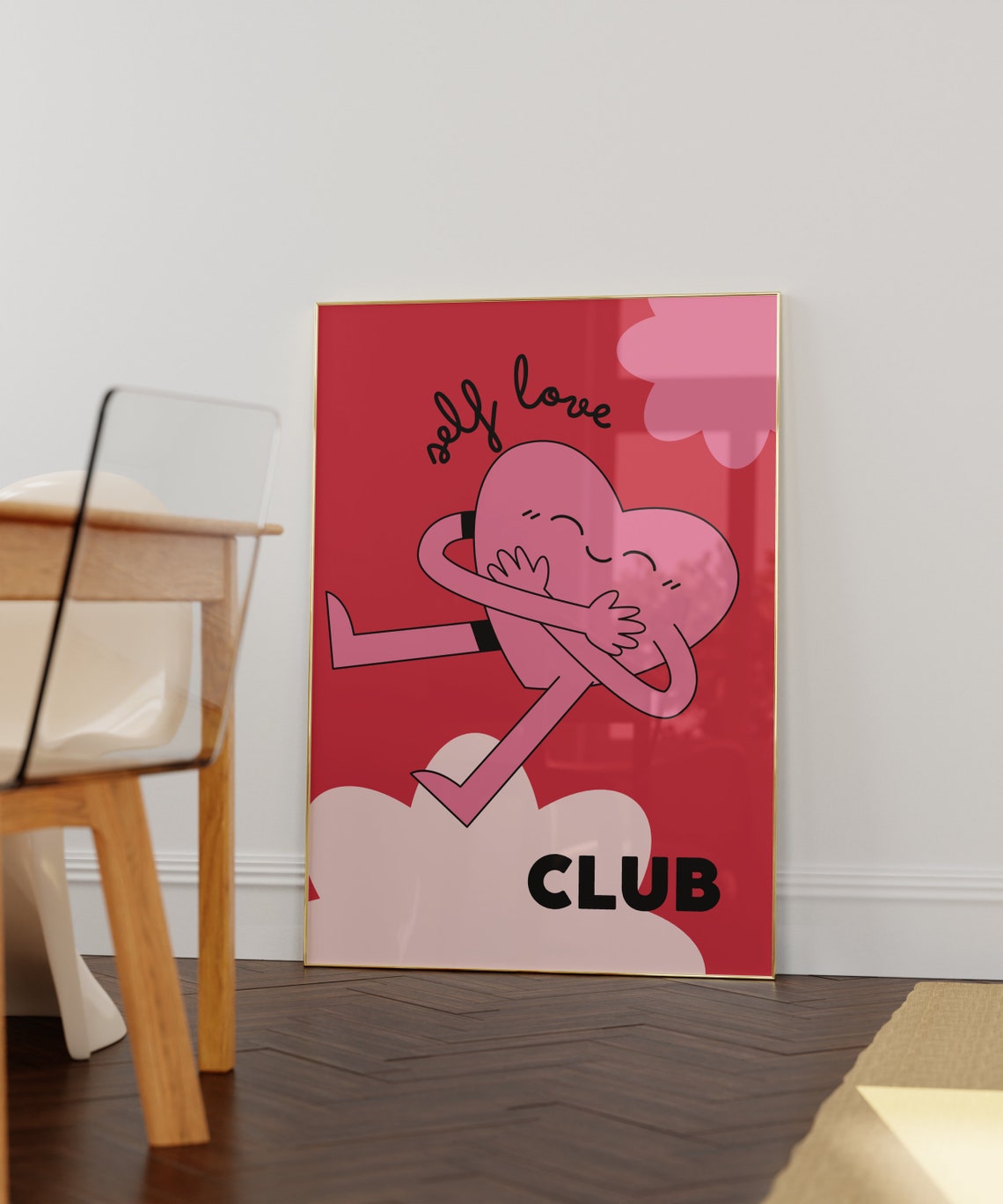 Self Love Club Pink Heart Hugging Cute Red Background Poster - Image 3