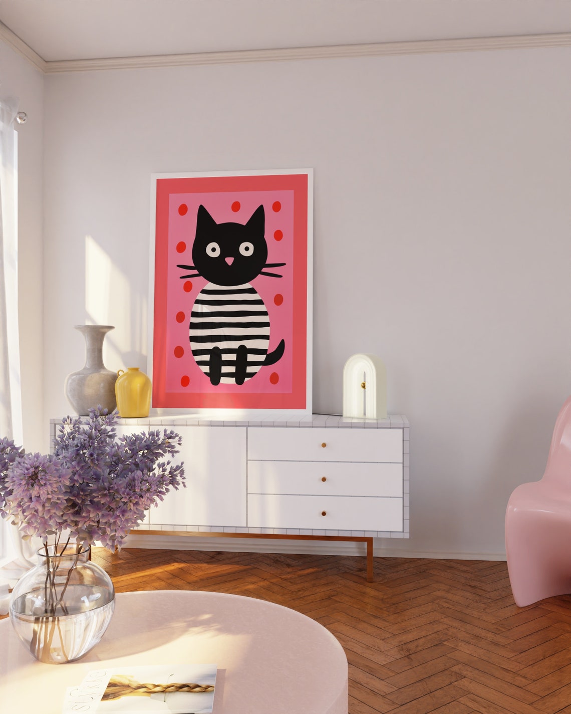 Black Cat Striped Body Pink Dots Whimsical Cute Kitty Art Poster - Image 2