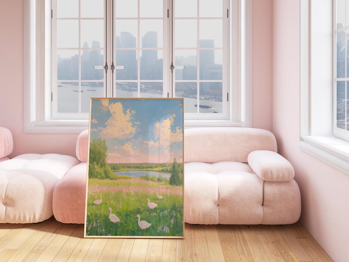 Geese In Meadow Impressionist Landscape Vintage Ducks Poster