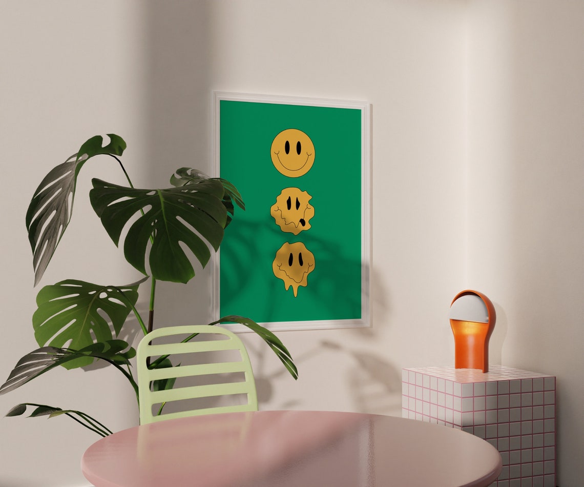 Melting Smiley Face Trippy Yellow Acid Retro Drip Green Poster - Image 3