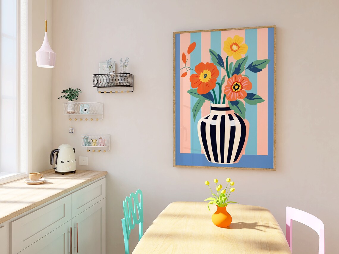 Bold Colored Flower Bouquet, Minimalist Floral Art