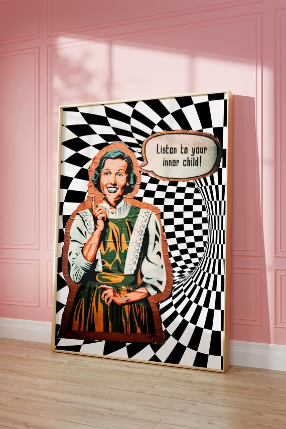 Listen To Your Inner Child Retro Lady Op Art Checkered Poster