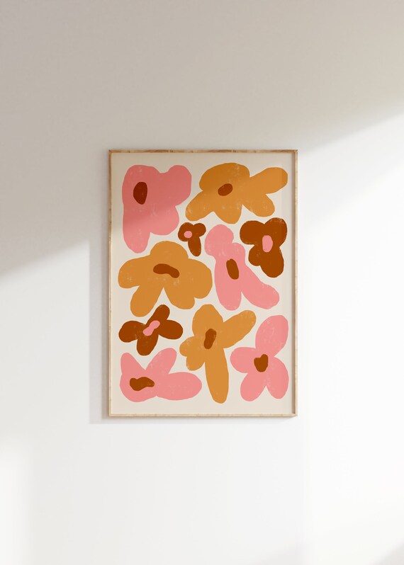 Retro Groovy Flowers Print Pink Orange Brown Floral Poster Funky Wall Art Cute Girly Decor For Living Room Retro Wall Art