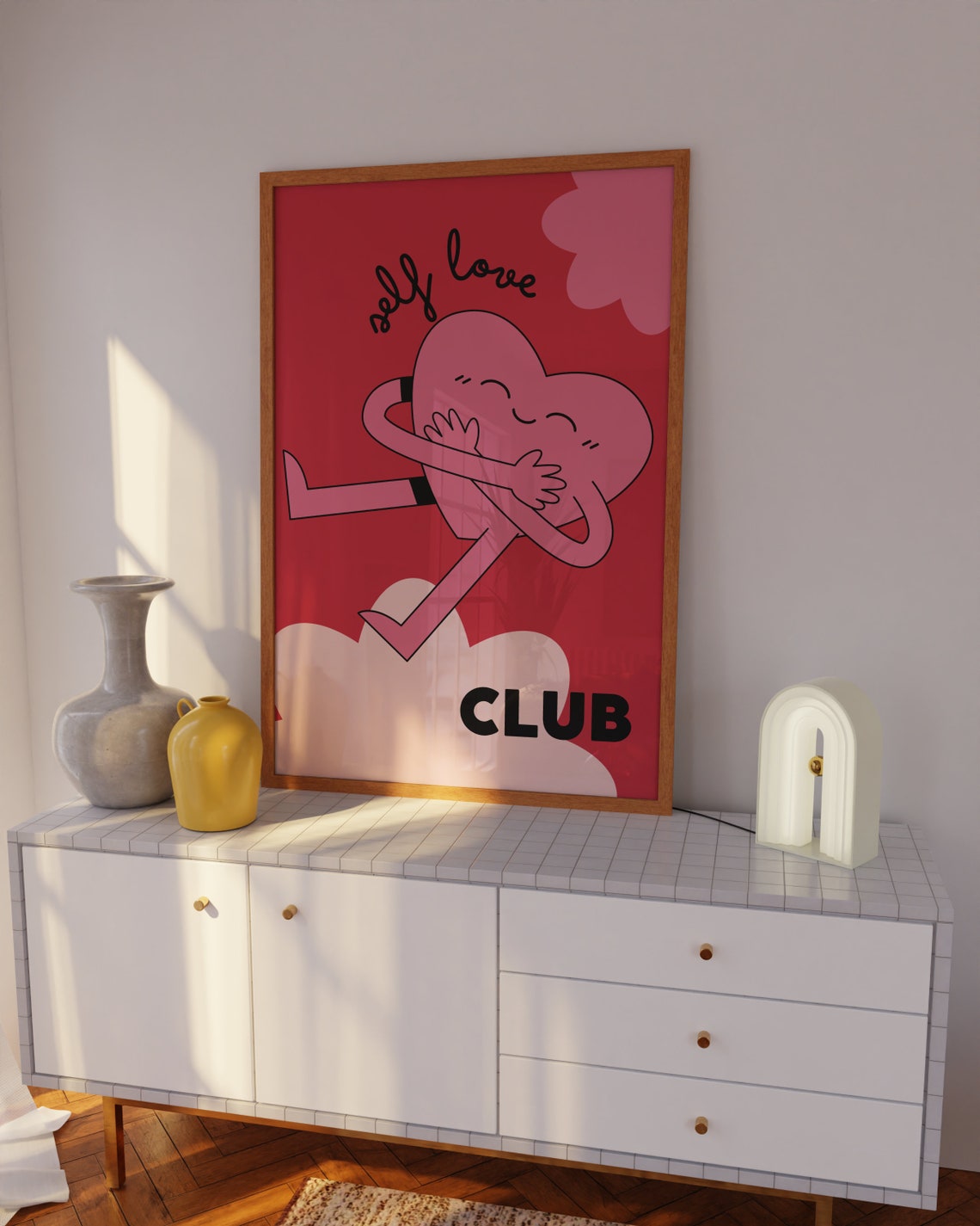Self Love Club Pink Heart Hugging Cute Red Background Poster - Image 2