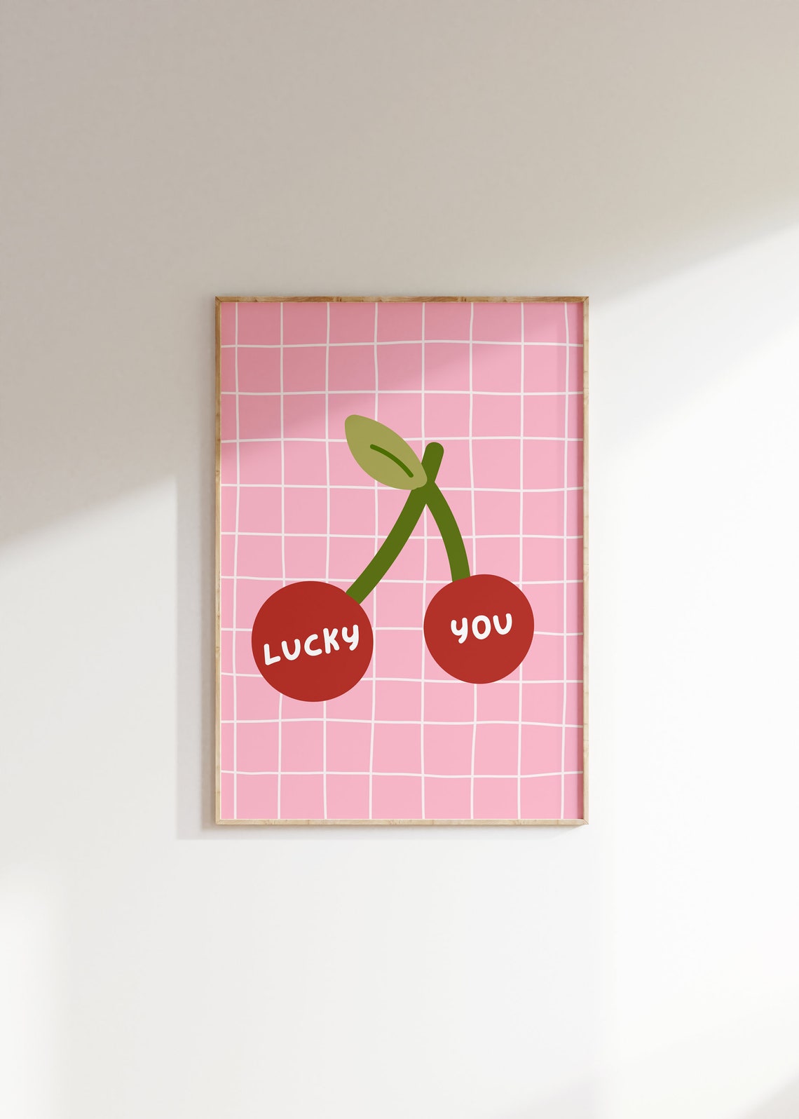 Lucky You Cherry Fruit Retro Pink Grid Cute Food Kitchen Art Poster