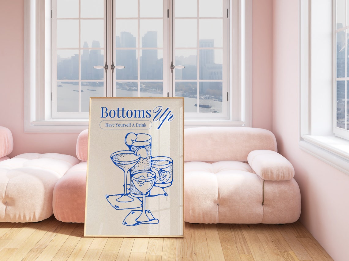 Bottoms Up Have Yourself A Drink Blue Cocktail Line Art Poster - Image 2