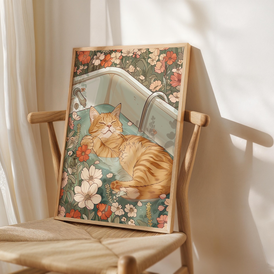 Cute Orange Cat In Tub Bathroom Floral Wall Art - Image 3
